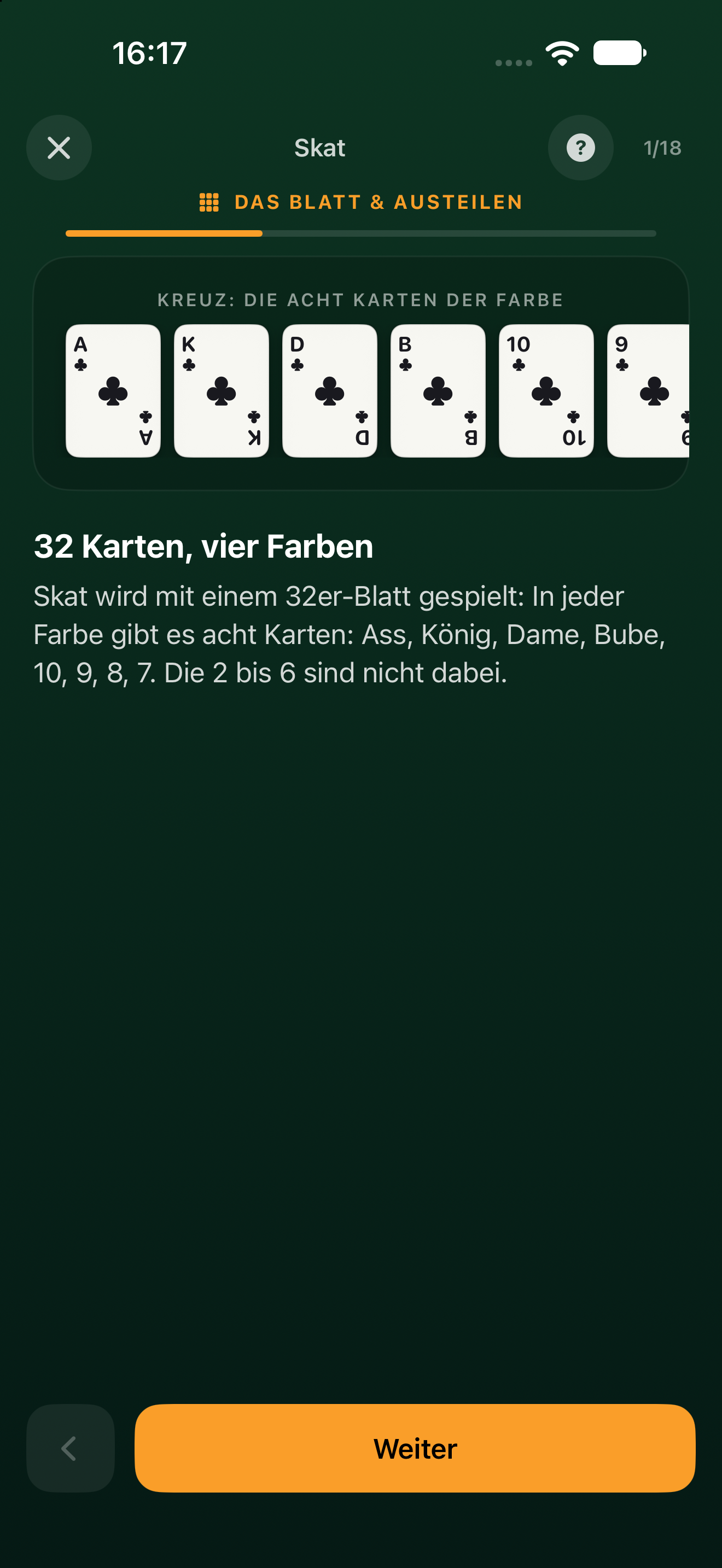 Skat-Lektion in der Kartenschule-App